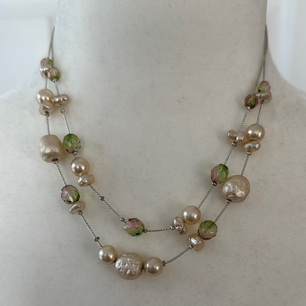 Cream and Green Multi-Strand Beaded Necklace